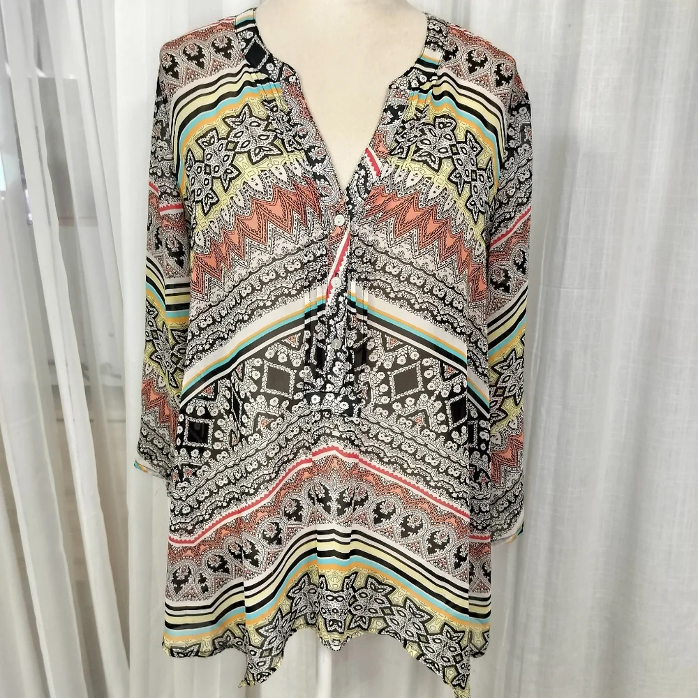 2/$30 Geometric Print Sheer Swim Bathing Suit Coverup Popover Tunic Size XL